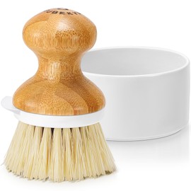 SUBEKYU Bamboo Dish Brush, Kitchen Dish Scrubber Brush with Soap Dispenser, Natural Wooden Dishwashing Brush for Cleaning Dishes/Pans/Pots, Built-in Scraper, Sisal Bristles,1 Set
