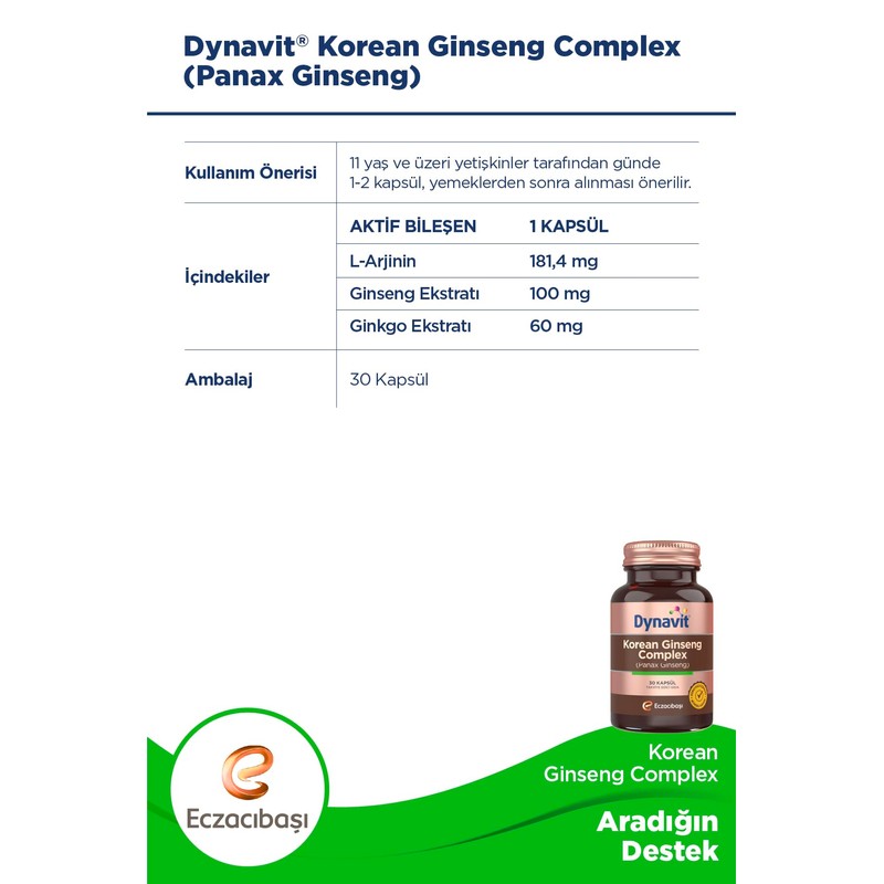 Dynavit Korean Ginseng Complex 30 Kapsül Takviye Edici Gıda