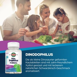 KAL DinoDophilus | 60 Kautabletten | laborgeprüft | zuckerfrei | Nahrungsergänzungsmittel mit Mischung natürlicher Mikroorganismen für Kinder mit Schwarzkirsche Geschmack | Optimierung der Darmflora