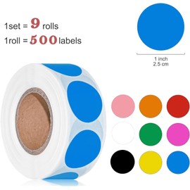 4500 Pcs Round Color Coding Labels Stickers Circle Colored Dot Stickers, 1 Inch 9 Color Style Colorful Coding Label Sticker,for Office,Classroom,Family (9 Rolls,500 Labels/Roll)