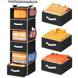 Pipishell Hanging Closet Organizer 6-Shelf, Hanging Shelves for Closet with 3 Removable Drawers & Side Pockets, Hanging Shelf Organizer for Bedroom or Garment Rack, 12'' x 12'' x 43.3'', Black