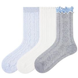 OrbiflexY 3 Pairs Women's Delicate Cotton Socks with Ruffled Lace Trim Elegant Cozy Dress Socks in Matching Styles (One Size, Coolness Summer)