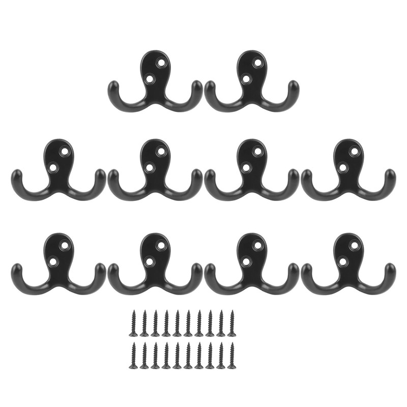 10pcs Black Double Prong Coat Hooks Wall Mounted Retro High