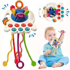 Juguetes Sensoriales Montessori, Juguetes de Actividad de Silicona Platillo Volador Sin BPA, Juguete de Didacticos Motricidad Fina para Niños, Juguete Educativos de Actividades Cuerda Tracción (Azul)