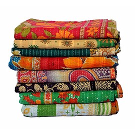 Boho Sanskriti 2 Pieces Set Indian Handmade Quilt Vintage Bedspreads,Throws Wholesale Lot Kantha Reversible Bedding Bedcover Bedspread Throw Cotton Blanket Gudari,Multicolor,Twin