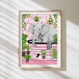 Parmaro Elephant Bathroom Print, Elephant Toilet Print, A4 UNFRAMED Print, Animal Bathroom Print, Pink Botanical Print Tropical Bathroom Decor