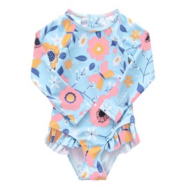 Aisyee Little Girls One Piece Bathing Suits Long Sleeve Rash Guard Swimsuits Swimshirts for Girls Rose Red Floral 5T