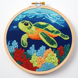 DIY Punch Needle Kits for Beginners Green Sea Turtle with Hoop Embroidery Punch Needle Starter Craft Set Easy for Adults Festival Gift and Decoration 20x20cm