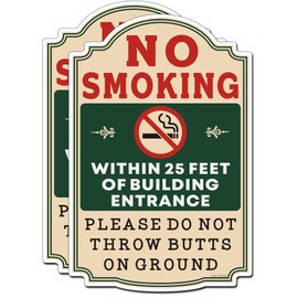 No Smoking Sign 2-Pack – 12 x 8" Green Beige Metal Signs – No Smoking Within 25 Feet of Building Entrance, Do Not Throw Butts on Ground – Reflective Rust-Free Aluminum, Weatherproof UV Protected
