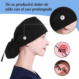 HETIE 3 Piezas Gorros Quirurgicos Mujer, Sombrero de Trabajo para Mujer Ajustable, Bolsa de Cola de Caballo con Lazo en La Espalda Adecuado para Trabajar, Cuidar y Cocinar (Negro, Regular)