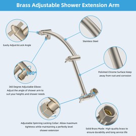 Hibbent Shower Head Extension Arm,16" Solid Brass Adjustable Extender with Lock Joint, Standard 1/2", Rise or Lower Rainfall and Fixed Shower Head,Height/Angle Adjustable Extension Arm, Brushed Nickel