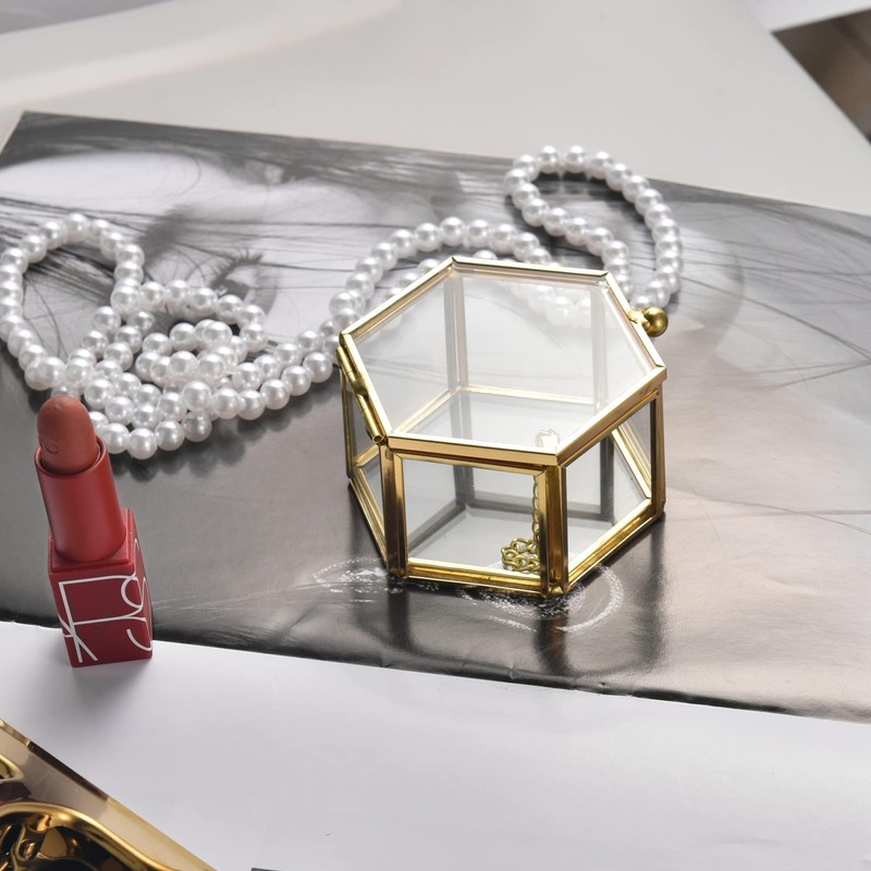 Feyarl ジュエリーボックス ジュエリー入れ リングピロー ジュエリー収納 ガラスボックス 六角形 ゴールド 7.5cm