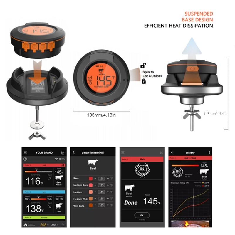 Wireless Meat Thermometer with 2 Probes, 164FT BT4.2 APP Control
