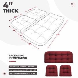 DANGHOOGY Wicker Chair Cushions, Waterproof Outdoor Loveseat Cushions for Patio Furniture, Tufted Wicker Furniture Cushions, 1 Loveseat and 2 U-Shaped Cushions, Red