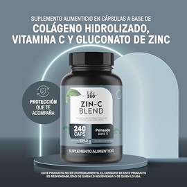 LIFE 360+ Zin-C Blend | 240 Cápsulas | Colágeno Hidrolizado, Vitamina C y Gluconato | Adicionado con Estearato de Magnesio | Suplemento Alimenticio | 