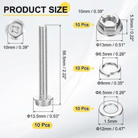QUARKZMAN M6 x 50mm Sechskantschrauben mit Flansch, 10 Stück 304 Edelstahl Flansch Sechskantschrauben mit Muttern, Unterlegscheiben, vollständig Gewinde, für Haushaltsgeräte