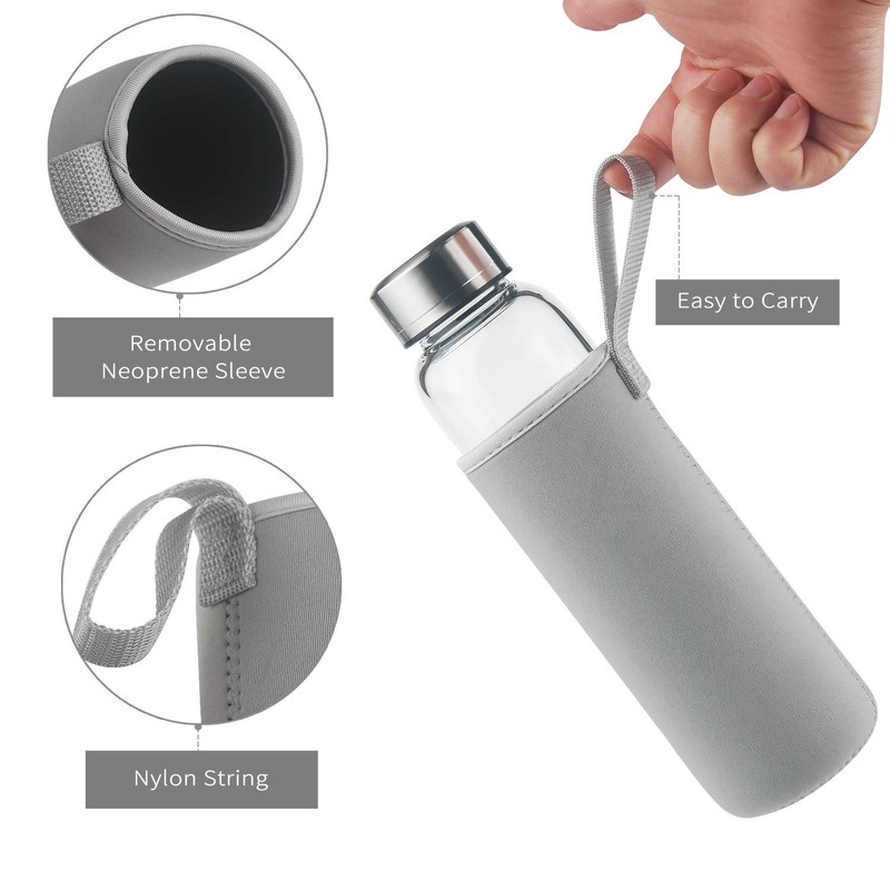 Reeho Borosilicate Glass Water Bottle, Sports Glass Drinking Bottle with