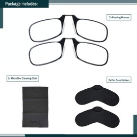 Noble Ultra Slim and Flat Reading Glasses Thin and Flexible Armless (2 Pairs) Enhanced Comfort Nose Rest, Armless Pocket Size Readers with 2 Stick-on Silicone Case Holder (Black, 2.50)