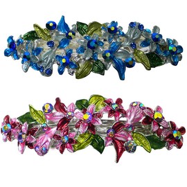 Set of 2 Flower Barrettes Sparkly Crystals Artistic Epoxy Hand Painting 1 each 2 Colors Blue and Rose