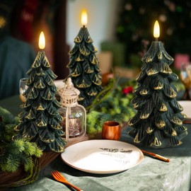 HN HAIINAA Green Christmas Tree Shaped Flameless Candles with Timer, Real Wax 3D Wick Flickering Battery Operated LED Candles for Christmas Home Party Decoration Set of 3