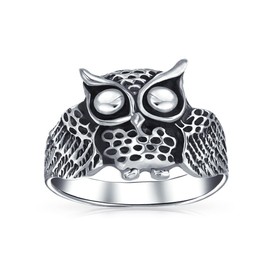 Wide Antiqued Wise Old Owl Bird Oxidized Animal 925 Sterling Silver Wrap Around Band Ring