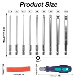 LPZMPZ 10-Piece Bit Set Long Ball Head Hexagon Socket Magnetic Screwdriver Bit 100 mm Length Allen Bit Set with Handle H1.5/2/2.5/3/4/5/6/8/10 mm