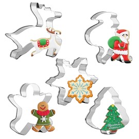 AWAVM 5 Pieces Christmas Cookie Cutter - Gingerbread Man, Christmas Tree, Snowflake, Santa - Stainless Steel Xmas Cookie Cutters for Baking