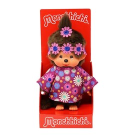 Sekiguchi 252893 Original Monchhichi Girl Flower Power in Purple and Blue, Approx. 20 cm Cuddly Toy Made of Brown Plush