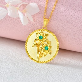 Birth Flower Necklace Daisy Lily Lotus Carnation Month Flower Floral Round Disc Coin Pendant Necklace with Synthetic Birthstone Graduation Birthday Gift for Women