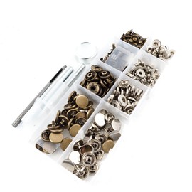 50 Poppers Silver and Bronze 12.5mm Snap Fastener Press Stud Kit + 4 Fixing Tool Leather Craft - Box-Packed