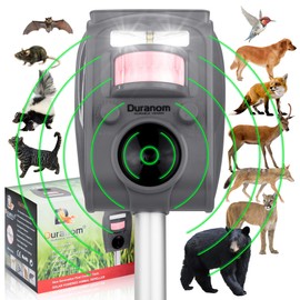 DURANOM Ultrasonic Animal Repeller – Solar Powered Outdoor Deterrent with Flashing Light & Motion Sensor – Repels Deer, Cats, Rodents, Raccoons – Animal Control for Yard & Garden