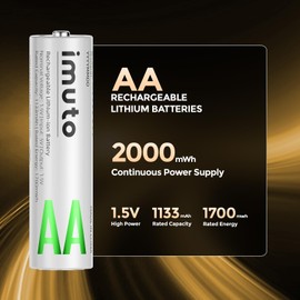 imuto Rechargeable aa Batteries, 2000mWh aa Lithium Batteries 8 Pack, 1.5V 2A Output Double a Battery, 1600+ Cycle Life LiFePO4 Batteries