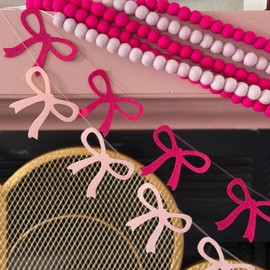 Pink Felt Bow Garland, Long Felt Bow Banner Birthday Decorations Pre-Strung (NO DIY!) 8 Feet of Pink Bows for Birthdays, Coquette Party Decorations, Bachelorette Garland and Home Decor.