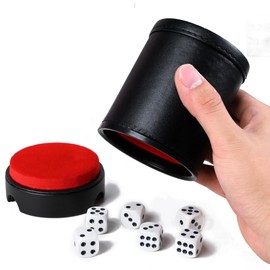 Hloyacc Dice Cup Leather Set with Lid, Felt-Lined PU Leather Quiet Shaker for Yahtzee Farkle Dice Board Games, Set of Six 16mm Dice Included