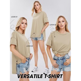 EXLURA Womens Summer Oversized T Shirts 2025 Casual Short Sleeve Loose Maternity Tops Crewneck Tunic Plus Gym Workout Top Khaki