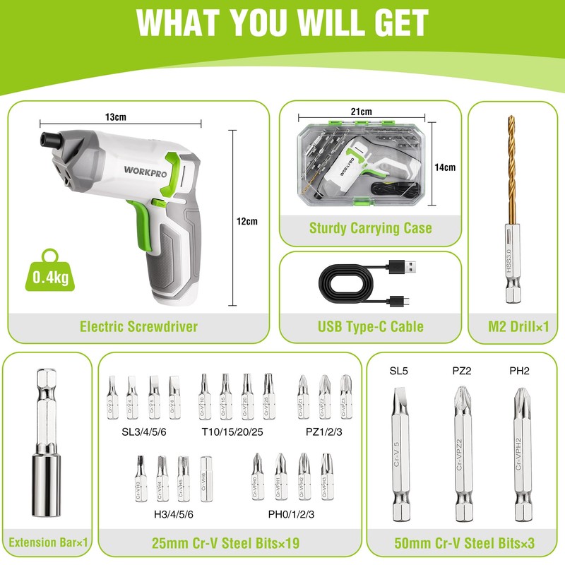 WORKPRO Powerful 3.6V Cordless Electric Screwdriver Set with 240 RPM