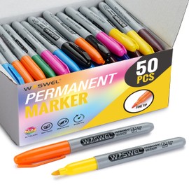 WOSWEL Permanent Markers Bulk, 50 Pack,10 Assorted Colors Permanent Marker, Fine Tip, Waterproof, Quick Drying, Smooth Writing, Used on Glass Metal Stone Paper Most Surfaces, Office School Supplies