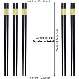 BEWOS 10 Pairs Black Alloy Chopsticks - 9. 5 Inch, Dishwasher Safe Chop Sticks, Alloy Chopsticks, Reusable Chinese Chop Sticks, Non-Slip