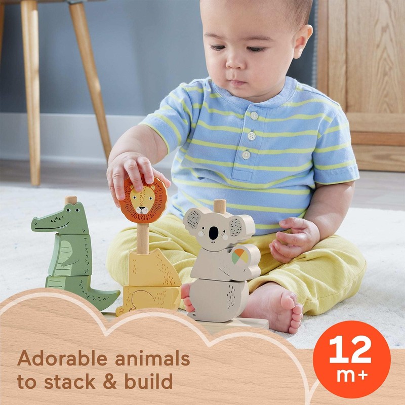 Fisher-Price Wood Baby Toy Stack & Sort Animals, 10 Wooden
