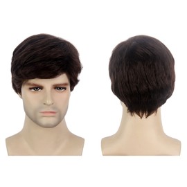 REEWES Dark Brown Men's Wig Short Men's Curly Wig with Bangs Natural Synthetic Full Wig for MenDaily Party Costume Cosplay Wearing