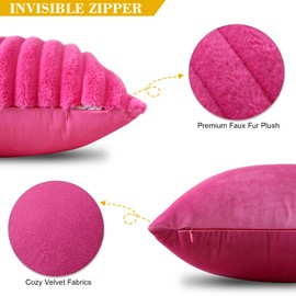 OTOSTAR Pack of 4 Faux Fur Plush Decorative Throw Pillow Covers Striped Soft Fuzzy Pillowcase Cozy Velvet Square Cushion Cover for Couch Sofa Bedroom Home Car Decor Pillow Covers 18x18 Inch (Hot Pink)