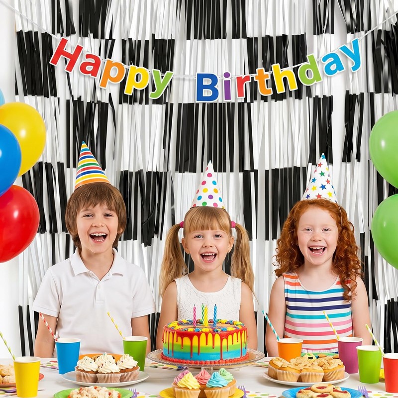 2Pcs Checkered Backdrop- Black White Checkered Backdrop Foil Streamer 1x