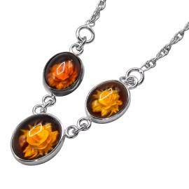 Navada 925 Solid Sterling Silver Baltic Amber Carved Cameo Flowers Nice Necklace 17 in