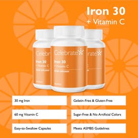 Celebrate Vitamins Iron Supplement with Vitamin C - 30mg Iron, 60mg Vitamin C, Bariatric Vitamins for WLS Patients, Vertical Sleeve & Gastric Bypass Surgery – 90 Capsules