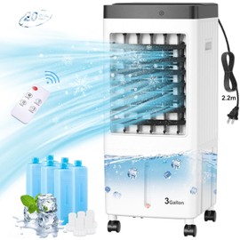 Evaporative Air Cooler, Swamp Cooler with 3 Gal Water Tank, 20H Cooling Time Swamp Cooler Air Conditioner, 80°oscillation,Portable Cooling Fan for Office/Room/Garage/Kitchen/(Include 6 Ice Packs)