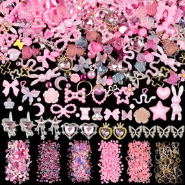620pcs Mixed 3D Nail Charms Kit, 12pcs Luxury Metal Nail Rhinestones and 250pcs Resin Butterfly Flower Star Heart Bow Charms with 400pcs Flatback Pearls Rhinestone Metal Gems Charms (Pink)