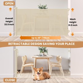 Spaceany Reinforced Retractable Baby Gate or Mesh Dog Gate,Easy to Use for Stairs, Doorways, Hallways, Indoor, Outdoor, Wide Pet Gate 33.5" Tall, Extends to 45" Wide, Cream