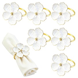 6 Pcs Napkin Rings, Flower Napkin Rings Holder Floral Table Setting Decoration for Table Settings, Glossy Serviette Buckles Decor (White)