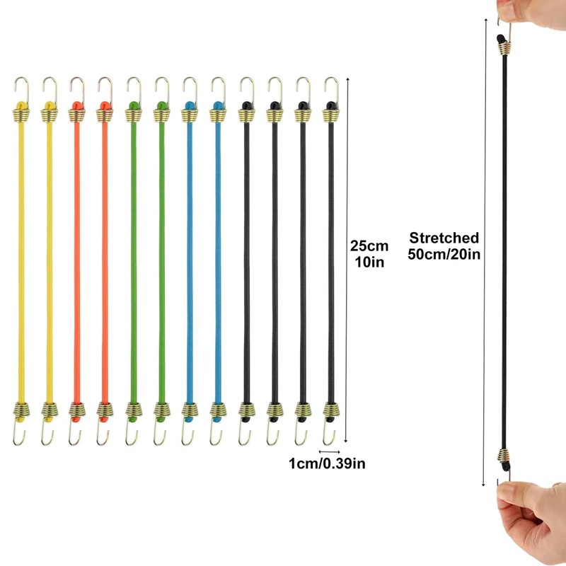 12 Pcs Small Bungee Cords with Hooks, 25cm Mini Adjustable