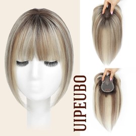 UIPEUBO Hair Toppers for Women Real Human Hair Toppers with Thinning Hairpieces for Women with Bangs 10 Inch Human Hair Topper for Cover Gray Roots (2T613#)